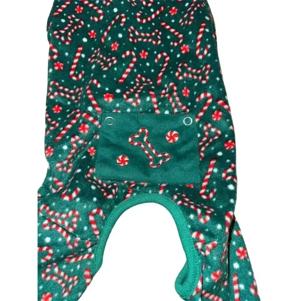 FuzzYard Dog Christmas footless long Pajamas Green Candy Cane Pattern S